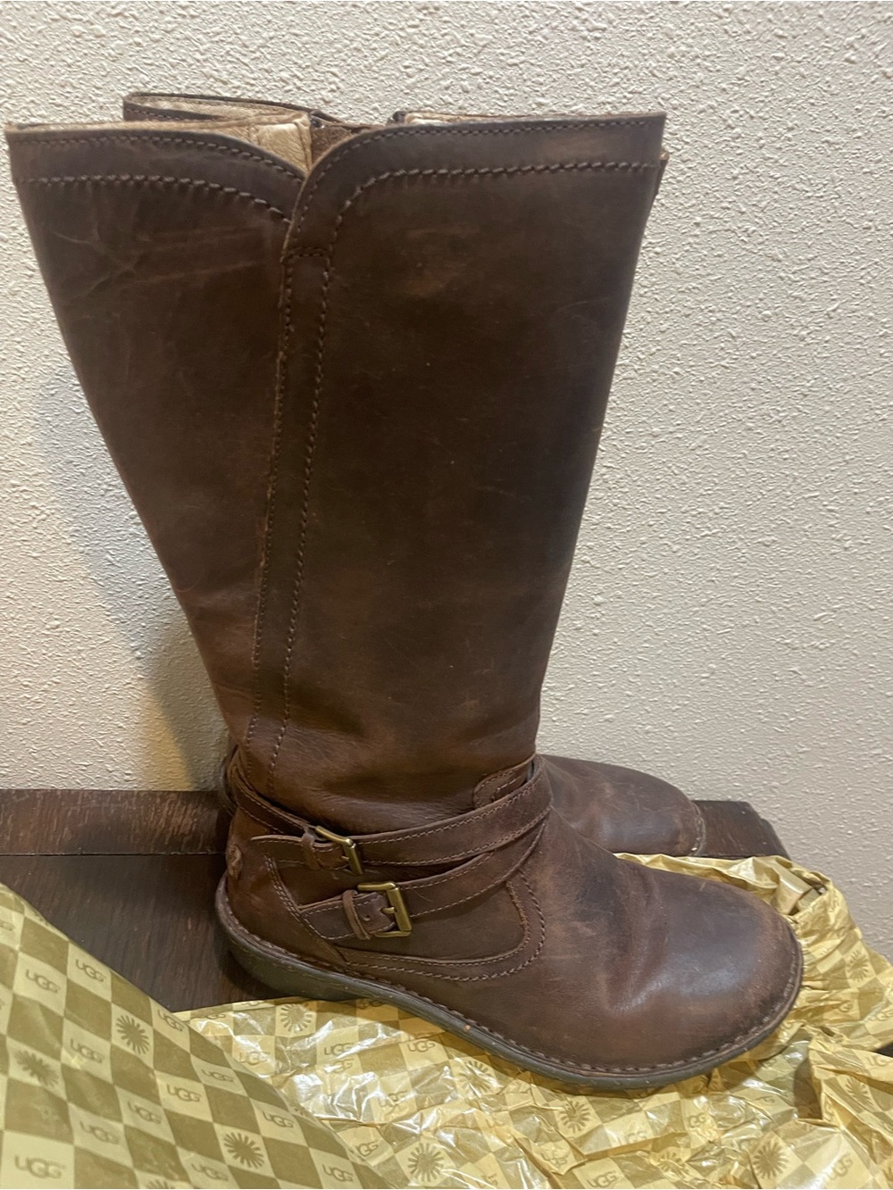 UGG Women's Tall Brown Leather Riding Boots - Picture 2 of 8